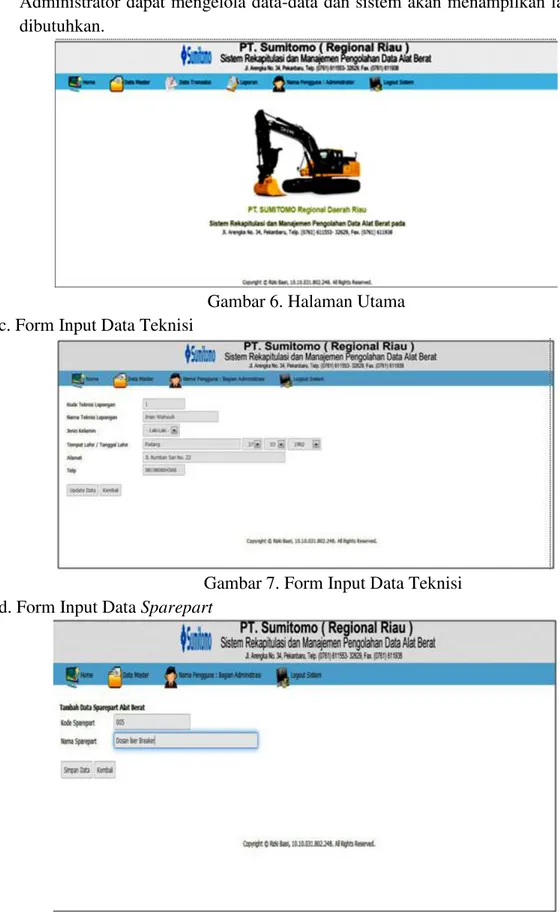 Gambar 6. Halaman Utama  c. Form Input Data Teknisi 