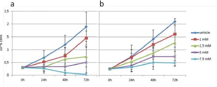 Figure 17 - DCA induces a reduction in AML cell proliferation: MOLM13 (a) and HL60 (b) cell line were 