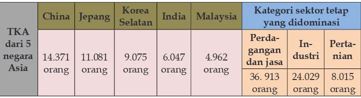 Tabel 6:  Jumlah TKA di Indonesia sektor pekerjaannya