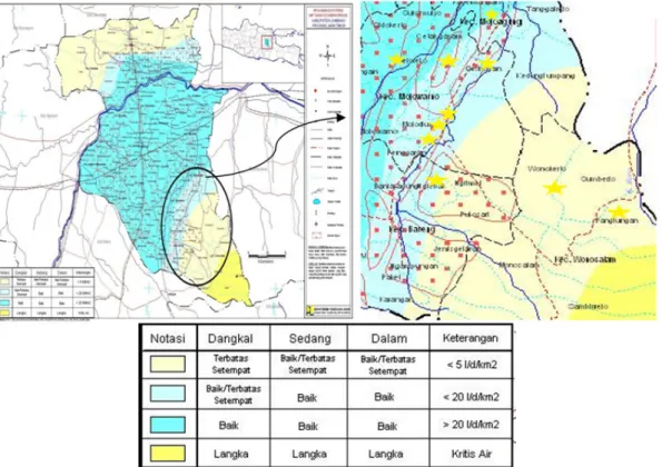 Gambar 2: Peta indikasi potensi air tanah daerah penelitian (untuk interprestasi warna, pembaca dapat melihat artikel ini versi web)