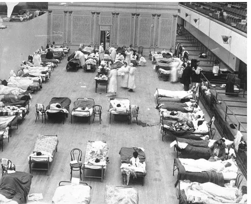 Gambar 7   Serdadu dari Fort Riley, Kansas (AS), penderita Flu Spanyol dirawat di bangsal sebuah  rumah sakit di Camp Funston, 1918  (Sumber: Wikipedia, 2010d) 