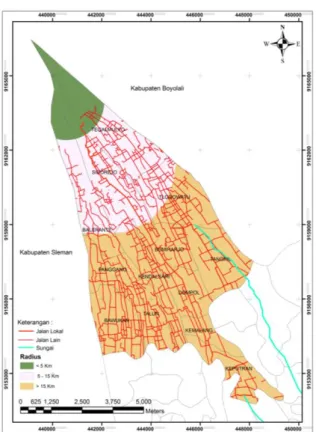 Gambar  4.  Peta  Skoring  Jarak  dari  Puncak  Merapi Kecamatan Kemalang 