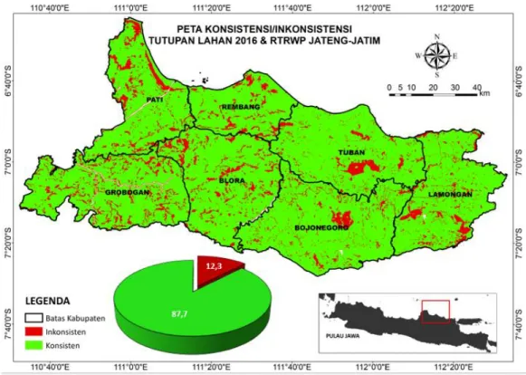 Gambar 8. Inkonsistensi tutupan lahan tahun 2016 dengan RTRW Provinsi Jateng-Jatim 
