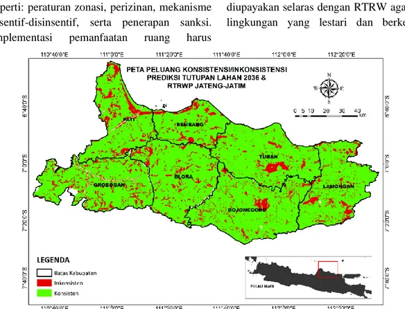 Gambar 9. Peluang inkonsistensi tutupan lahan tahun 2036* dengan RTRW Provinsi Jateng dan Jatim 