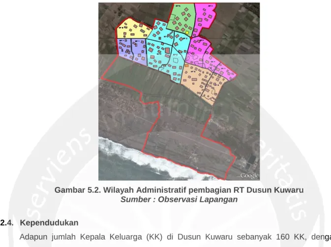 Gambar 5.2. Wilayah Administratif pembagian RT Dusun Kuwaru  Sumber : Observasi Lapangan 