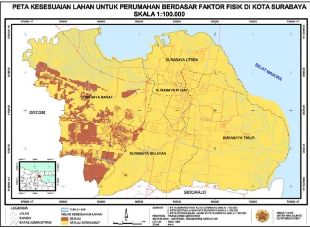 Gambar 3  Peta Kesesuaian Lahan untuk Perumahan kelas menengah berdasar Faktor Fisik Lahan  di Kota Surabaya  Skala 1:100.000 