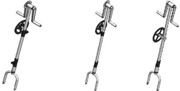 Gambar 4 Desain alternatif handle: handle lipat A (kiri), handle lipat B (tengah), dan handle sliding(kanan)