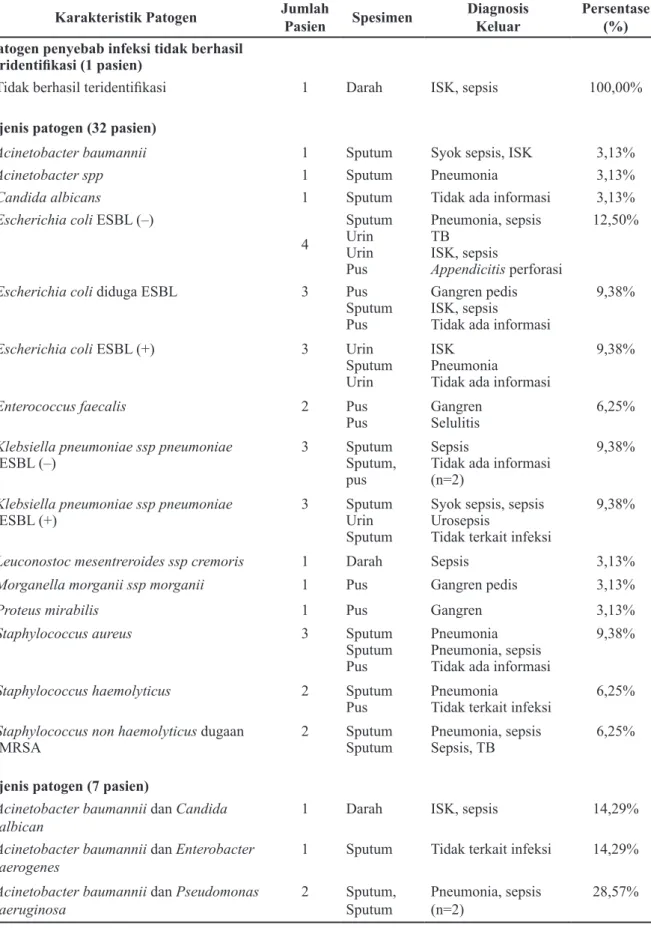 Tabel 2 Karakteristik Patogen Penyebab Infeksi Pasien yang Menggunakan Antibakteri Golongan  Carbapenem