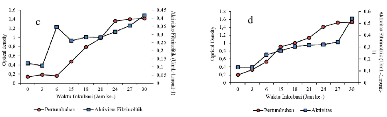 Gambar 5. Kurva Pertumbuhan dan Aktivitas Enzim Fibrinolitik pada konsentrasi molase 0,5% (c) dan 1,0% (d) 
