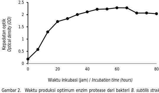 Gambar 2. Waktu produksi optimum enzim protease dari bakteri B. subtilis strain VITNJ1.