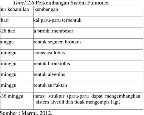 Tabel 2.6 Perkembangan Sistem Pulmoner 