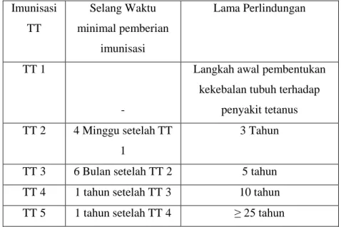 Tabel 2.4. Interval pemberian Imunisasi TT pada ibu hamil  Imunisasi  TT  Selang Waktu  minimal pemberian  imunisasi  Lama Perlindungan  TT 1  - 