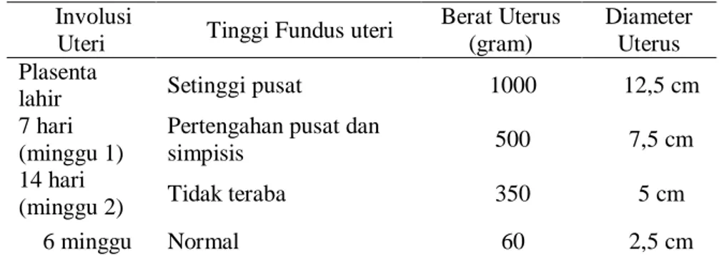 Tabel  2. 9. Perubahan-Perubahan Normal  Pada Uterus Selama Postpartum  Involusi 