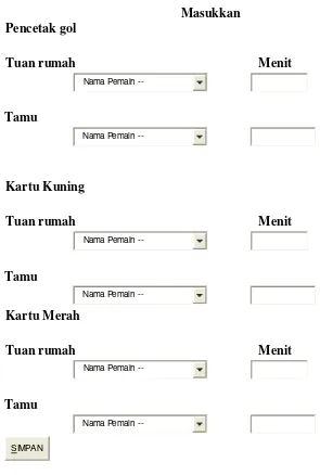 Gambar 3-38. Tampilan input pencetak gol, kartu merah dan kartu kuning. 