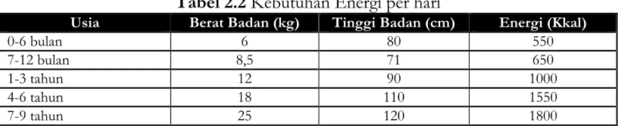 Tabel 2.2 Kebutuhan Energi per hari 