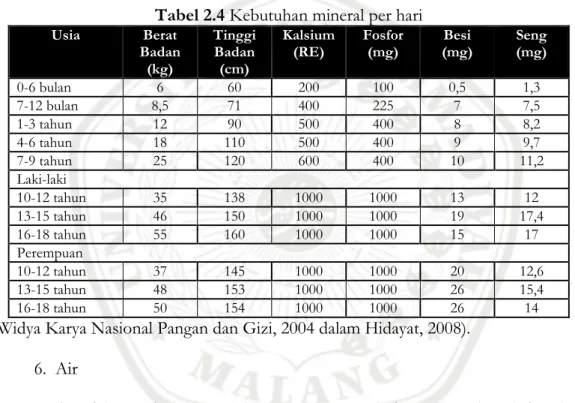 Tabel 2.4 Kebutuhan mineral per hari 