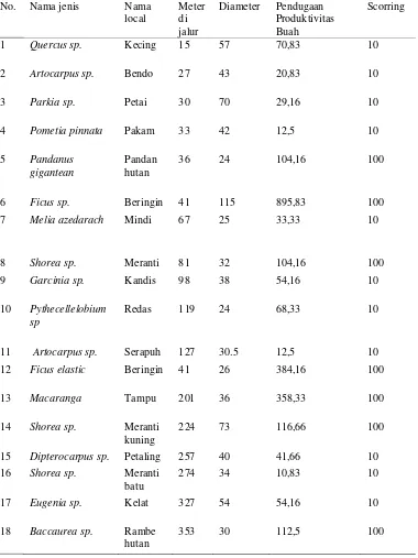 Tabel 7. Hasil pendugaan produktivitas daun muda berdasarkan nilai score rata-rata dalam satuan 3 bulan pada jenis pohon pakan orangutan sumatera (Pongo abelii) 