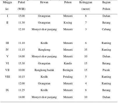 Tabel 8. Hasil pengamatan relung ekologi selama tiga bulan pada kawasan Pusat Pengamatan Oramgutan Sumatera (PPOS) di bukit lawang
