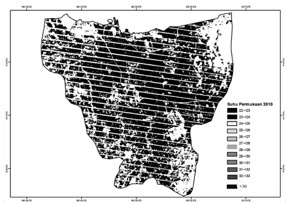 Gambar 2.  Peta  distribusi  suhu  permukaan  DKI  Jakarta  tahun  2010  (Sumber:  Dinas  Kelautan  dan  Pertanian  DKI  Jakarta 2012)