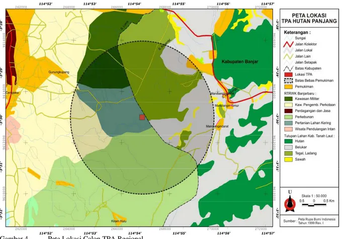 Gambar 4. Peta Lokasi Calon TPA Regional Mengacu pada peta Rencana Tata Ruang dan Wilayah Banjarbaru tahun  2005-2020, dapat dilihat bahwa pengembangan kawasan di sekitar TPA Hutan Panjang direncanakan untuk pertanian dan pertambangan