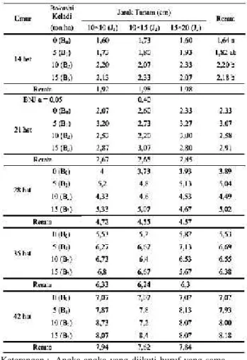 Tabel 1. Rata-rata jumlah daun rumpun -1 (helai) Bawang  Suna  umur  14,  21,  28,  35 dan 42 hst