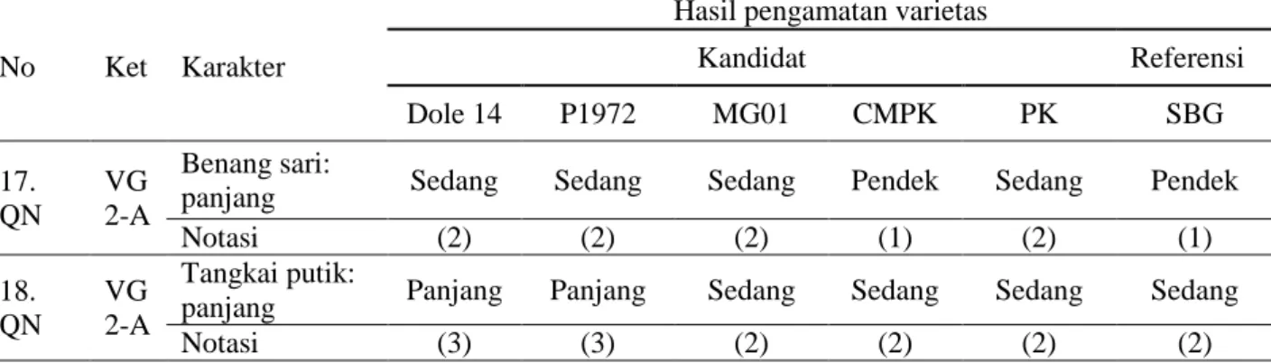 Tabel  4  menunjukkan  Pengamatan  warna  buah  nenas  pada  saat  belum  masak  dari  keenam  varietas  diperoleh  bahwa  pada  varietas  Dole  14  dan  PK  memiliki  warna  hijau  muda