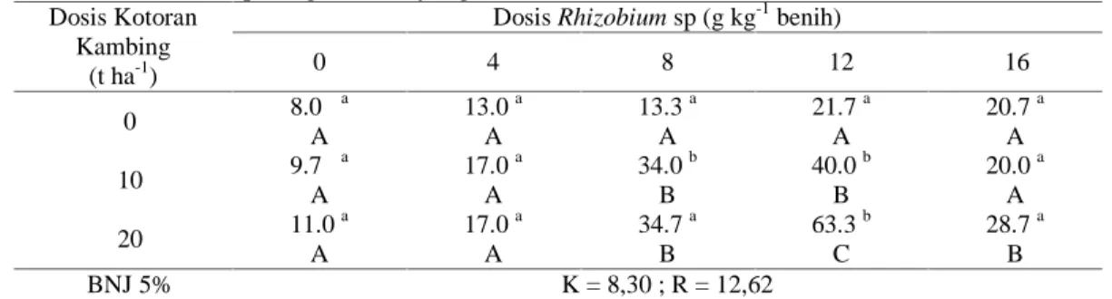 Tabel 1. Rerata jumlah bintil akar efektif pada umur 5 mst yang diberi pupuk kotoran kambing dan Rhizobium sp dengan dosis yang berbeda