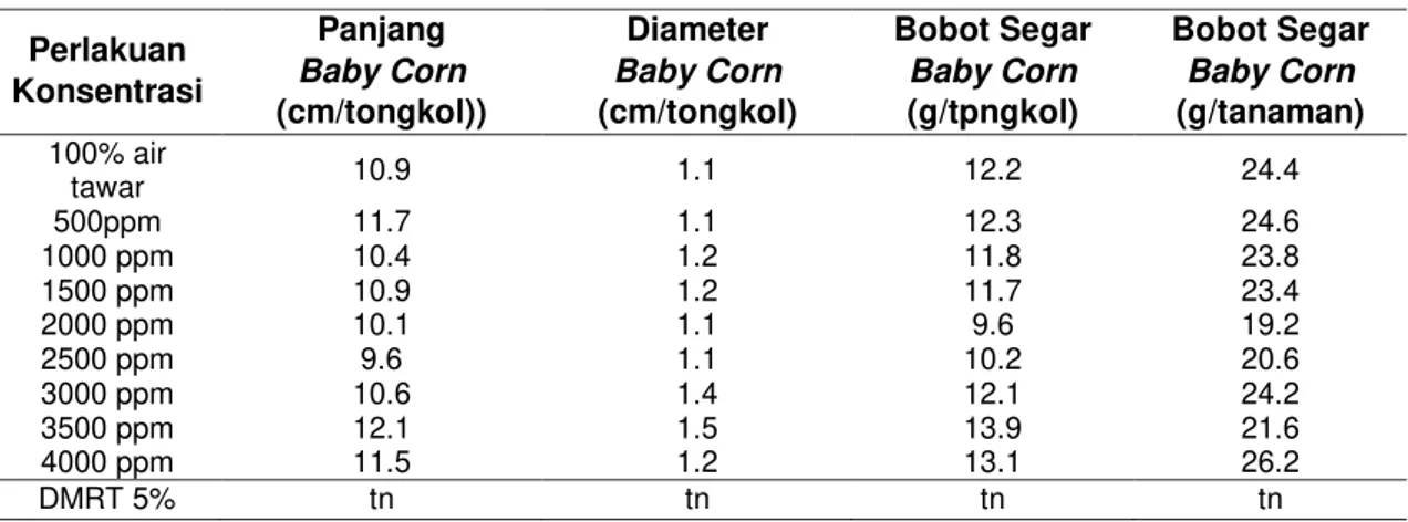 Tabel  4 Kuantitas Baby Corn dengan Perlakuan Pemberian Konsentrasi Air Laut 