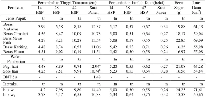 Tabel 1. Rekapitulasi Hasil Penelitian Respon Tanaman Selada (Lactuca sativa L.) terhadap Jenis dan Waktu  Pemberian Pupuk Agroprobiotik 