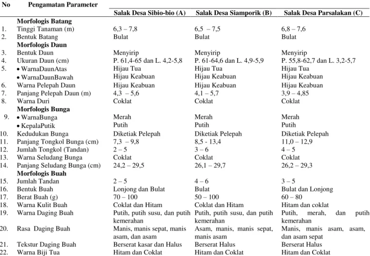 Tabel 1. Karakter morfologis salak desa Sibio-bio, salak desa Siamporik dan salak desa Parsalakan 