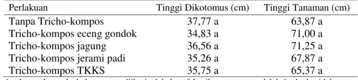 Tabel 1. Tinggi  dikotomus  dan  tinggi  tanaman  cabai  pada  perlakuan  beberapa         Tricho-kompos terformulasi 