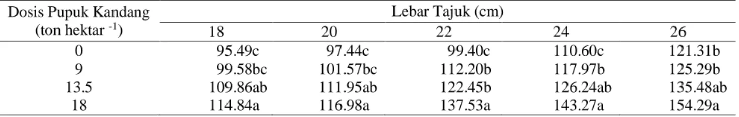 Tabel 6. Nilai rata-rata dosis pupuk kandang terhadap lebar tajuk  Dosis Pupuk Kandang 