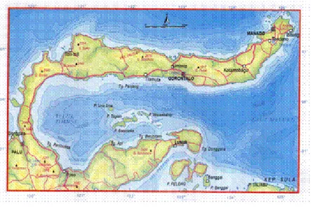 Gambar 1. Peta lokasi dan bathimetry Teluk Tomini.