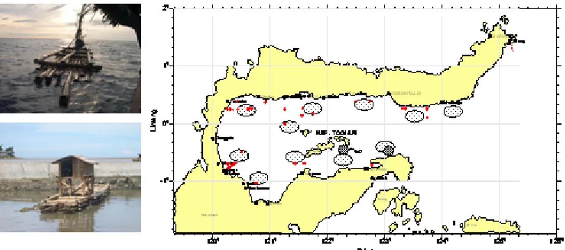 Gambar 5. Rumpon dan peta posisi rumpon sebagai lokasi penangkapan ikan pelagis oleh pukat cincin