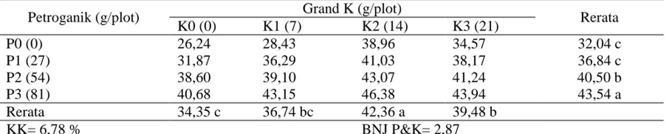 Tabel 7.   Rata-rata  Berat  Biji  Kering  Kacang  Tanah    Per    Tanaman  dengan  Pemberiaan    Pupuk  Petroganik dan Pupuk Grand K (g) 