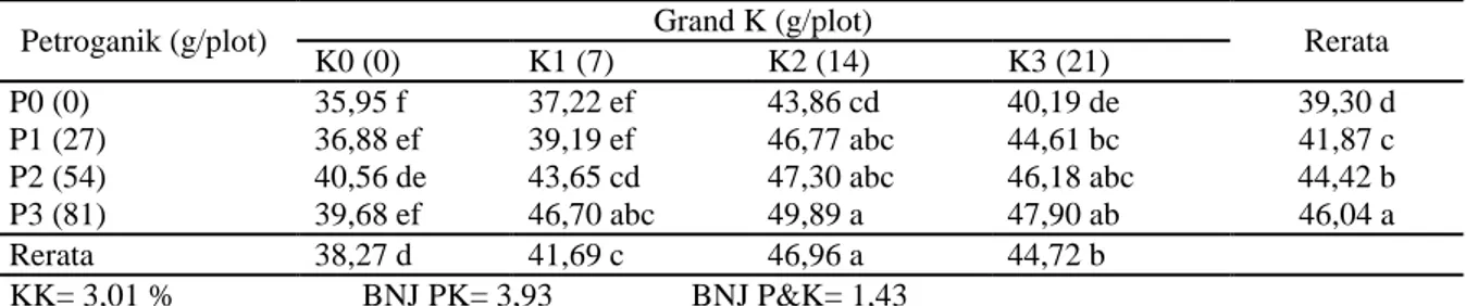 Tabel  9.  Rata-rata  bobot  100  biji  kacang  tanah  dengan  pemberiaan  pupuk  Petroganik  dan  pupuk  Grand K (g) 