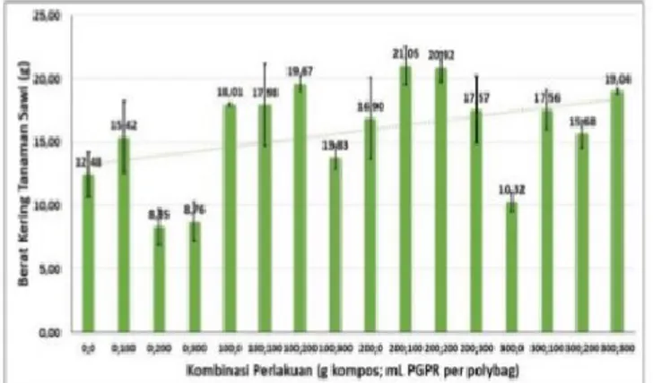 Gambar  4.  Pengaruh  Kombinasi  Perlakuan  Kompos  dan  PGPR  terhadap Bobot Kering Tanaman sawi