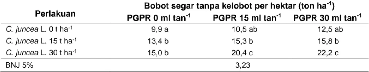 Tabel  3.  Rerata  bobot  segar  tongkol  tanpa  kelobot  akibat  interaksi  perlakuan  dosis  pupuk  C