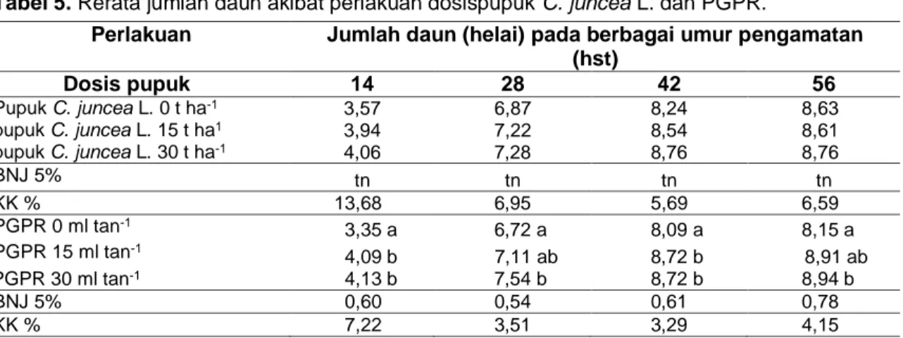 Tabel 5. Rerata jumlah daun akibat perlakuan dosispupuk C. juncea L. dan PGPR. 