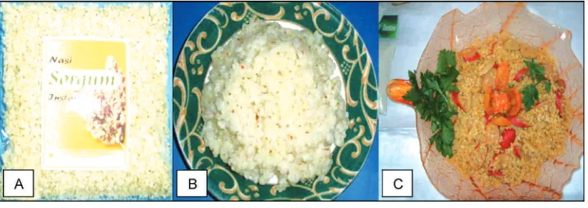 Gambar 2. A. Nasi sorgum instan mentah, B. nasi sorgum instan setelah diseduh 5 menit,dan C nasi sorgum goreng