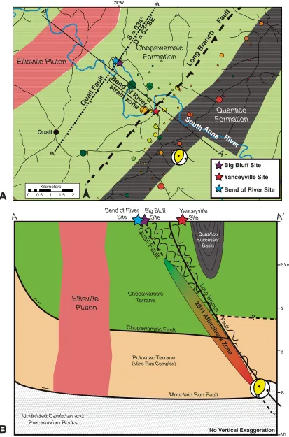 Figure 4. (A) Local map of the epicentral area with the same geologic units as Figure 2