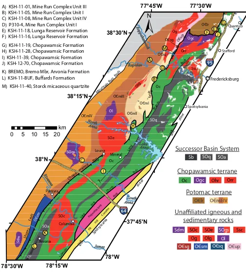 Figure 2. Geologic map of the study area.  Red units are felsic intrusive bodies.  Purple units are mafic intrusive bodies.systemGoldvein pluton, Ol—Lahore pluton, Olg—Locust Grove pluton, OЄup—unassigned phyllite, Sdm—Diana Mills body, SOc—Columbia pluton