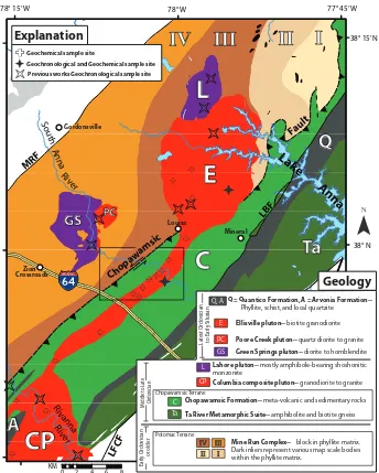 Fig. 2. Simpliﬁed geologic map of the Ellisville pluton and vicinity. Geochemical and geochronologicalsample sites in Ellisville pluton and Columbia pluton are shown
