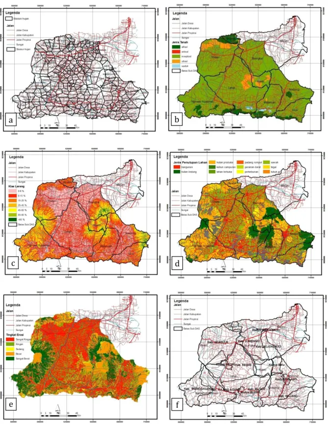 Figure 3. Spatial distribution of rainfall (a), soil types (b), slope (c), erosion (e), and districts 