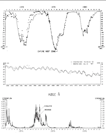 Fig. 10 Examples of simulation results from soil moisture in root zone, hydraulic head of regional con-fined aquifer and river discharge