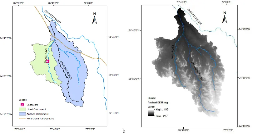 Fig. 1. (a) Catchment delineation of Andheri River and its tributary stream Lhasi Nadi; (b) Topography of the study region (ASTER DEM) 
