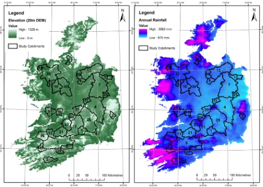Fig. 1. Locations of the study catchments (numbers relate to Table 1), with the left panel showing the terrain data (DEM source: EPA) and right panel show the annualaverage rainfall (AAR)