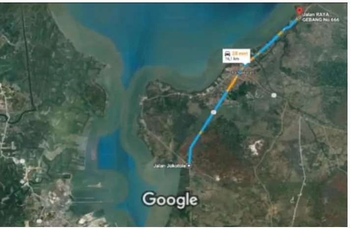 Gambar 1.  Peta sisi Barat Kabupaten Bangkalan. Garis warna biru adalah lokasi survei jalan raya yang menghubungkan Socah-Gebang Arosbaya  sejauh 16 Km