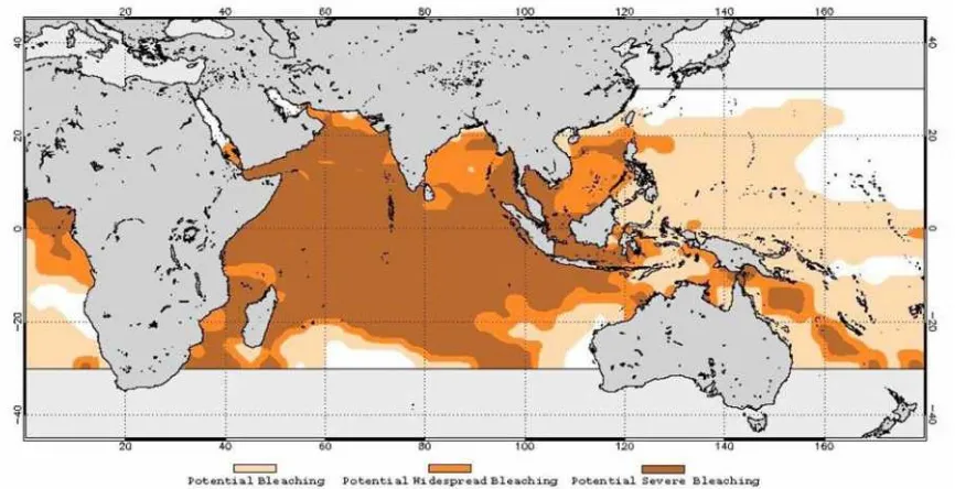Gambar 1.  Wilayah yang berpotensi mengalami pemutihan karang (bleaching) tahun 2010 (NOAA, 2010)