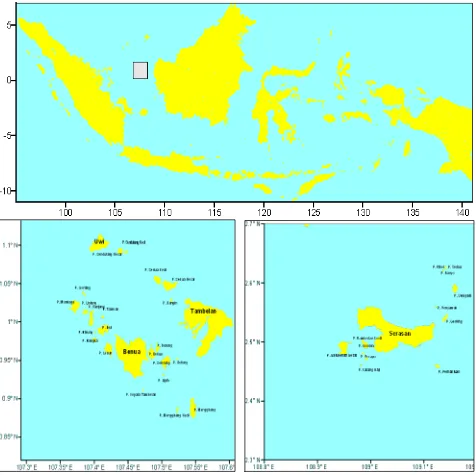 Gambar 2.  Lokasi penelitian di Kep. Tambelan dan Serasan, perairan Laut Natuna bagian selatan